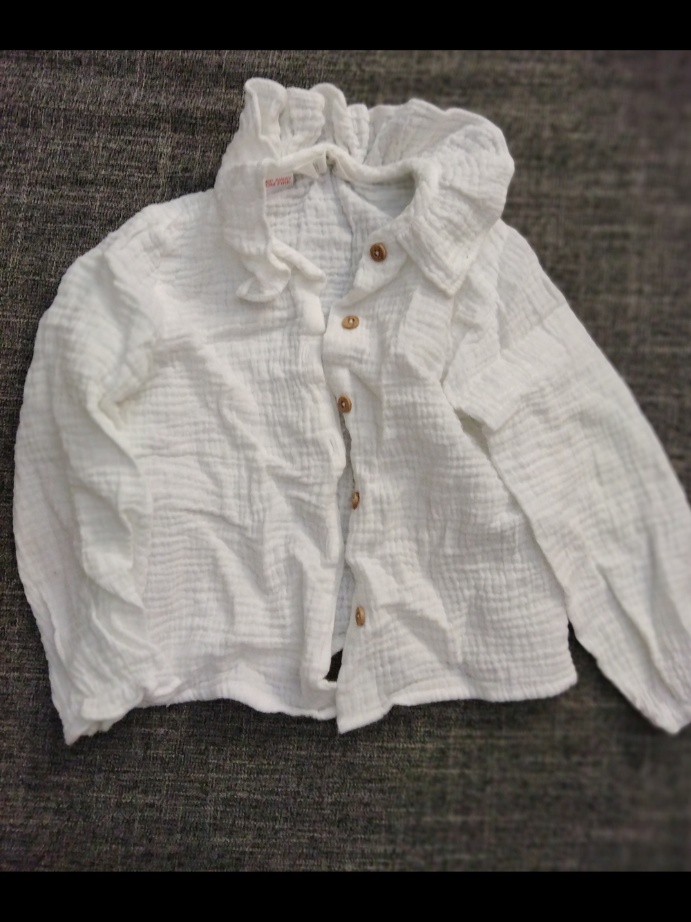 Kids White Button-Front Gauze Shirt with Ruffle Collar Cotton